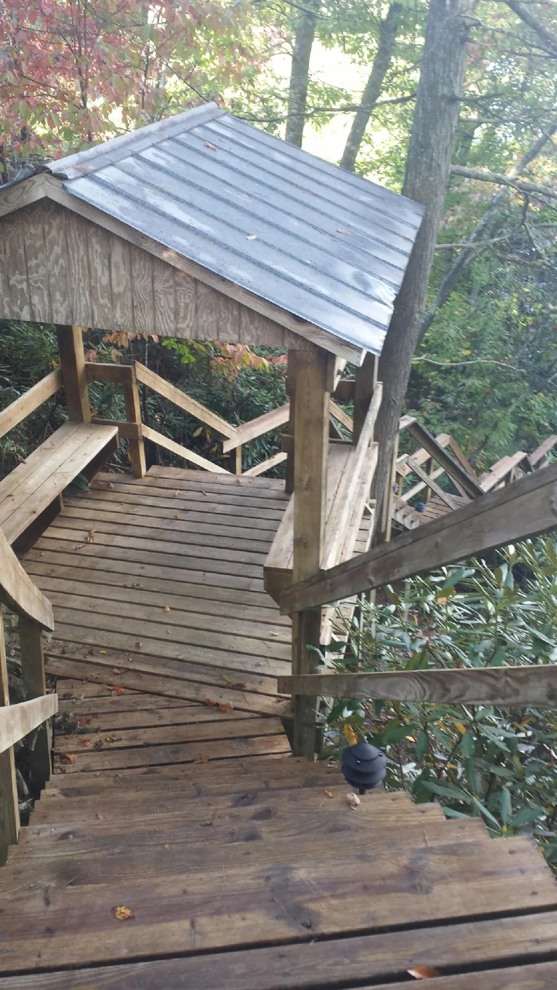 Metal roofed shelter over wooden steps on a wooded walkway — Skylight Repair & Installation work by our crew in Greenbank